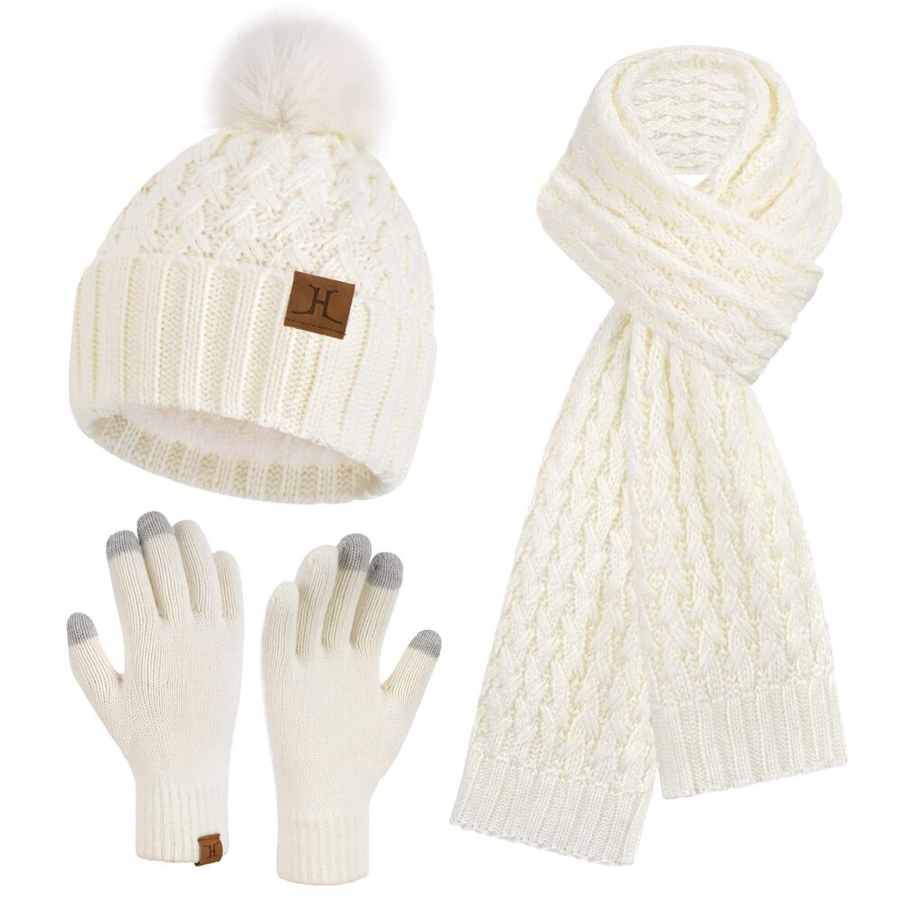 3517 Winter Beanie Hat Touchscreen Gloves Long Neck Scarf Set Warm Knit